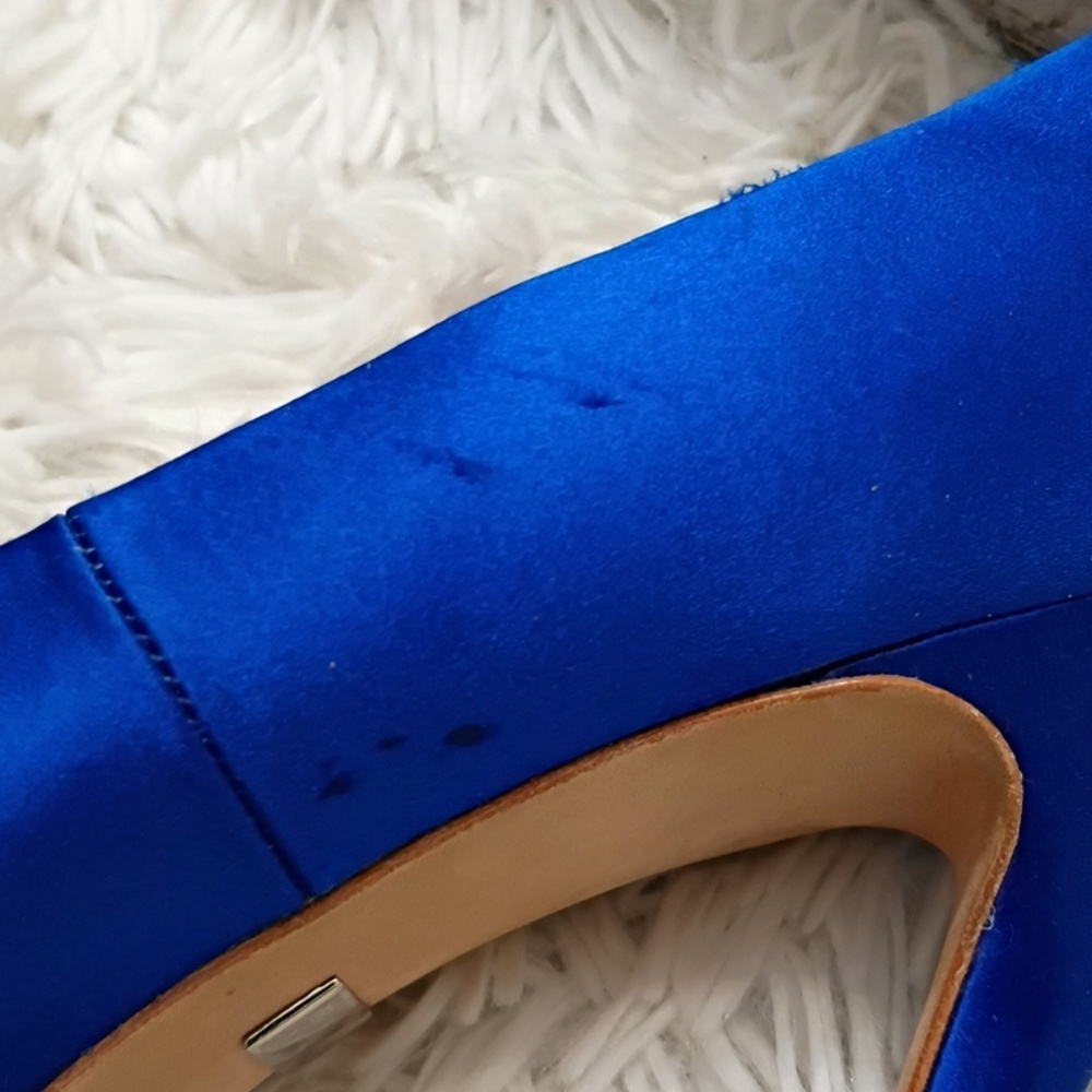 Badgley Mischka Kiarra Saphire Blue Satin Crystal-Back Peep-Toe Heels 9.5M - Picture 10 of 16